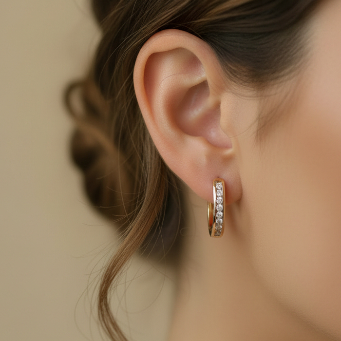 Channel Set Oval Huggie Earrings in 9ct Solid Yellow Gold