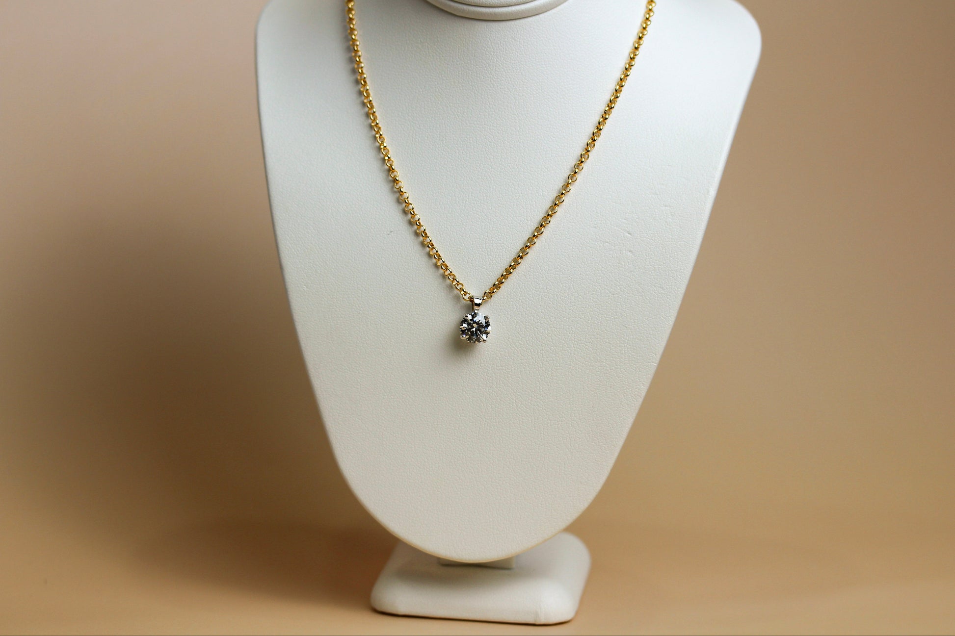 1.54ct round brilliant lab diamond solitaire pendant in white gold, four-claw set, on 9ct yellow gold bold belcher chain 45cm