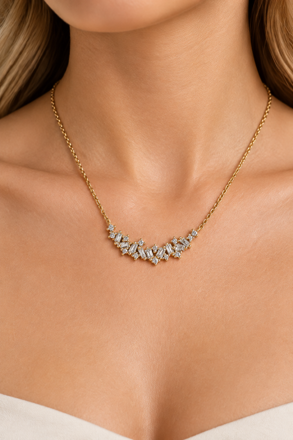 Scattered Natural Diamond Curved Bar Necklace in 9ct Yellow Gold