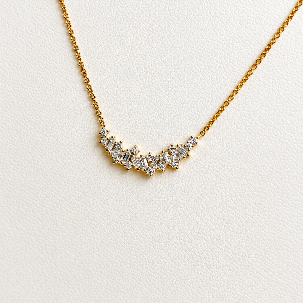 Scattered Natural Diamond Curved Bar Necklace in 9ct Yellow Gold