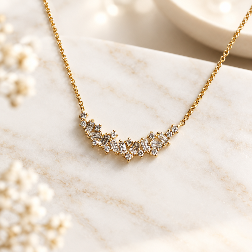 Scattered Natural Diamond Curved Bar Necklace in 9ct Yellow Gold