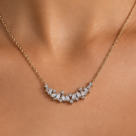 Scattered Natural Diamond Curved Bar Necklace in 9ct Yellow Gold