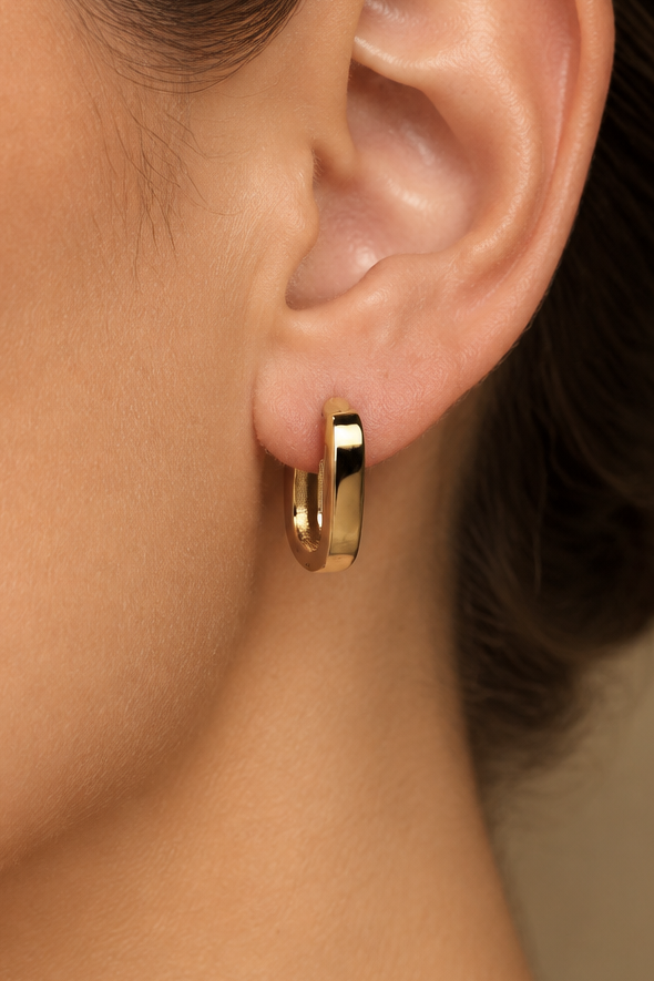 Flat Edge Oval Huggie Earrings in 9ct Solid Yellow Gold