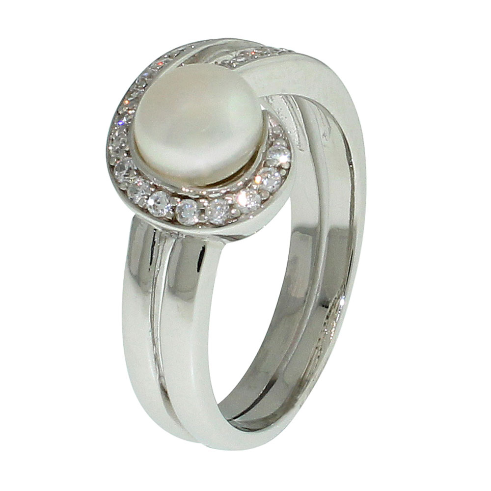 Sterling Silver Freshwater Pearl & CZ Dress Ring